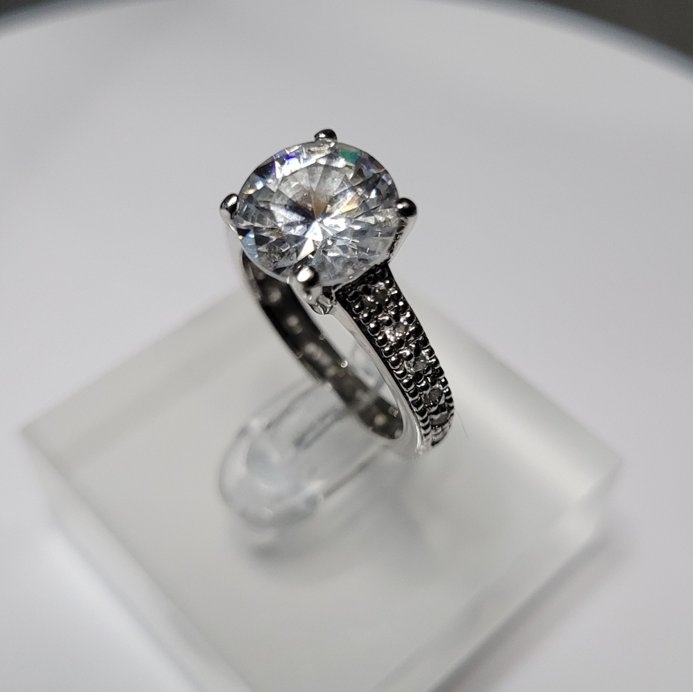 Simulated Diamond Solitaire Silver Tone Engagement Style Ring Size 7